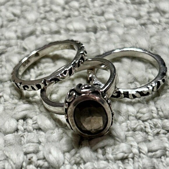 Silpada Smoky Quartz Scroll 925 Sterling Silver Three-Ring Stacking Set - Picture 3 of 3